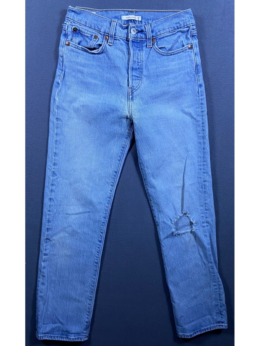 Levi’s Premium Wedgie Straight Jeans Jive Tone Blue Ripped Knee Cropped Ankle 25